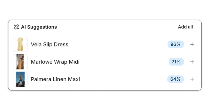 AI Suggestions panel ranking catalog matches for a video: Vela Slip Dress at 96%, Marlowe Wrap Midi at 71%, Palmera Linen Maxi at 64%