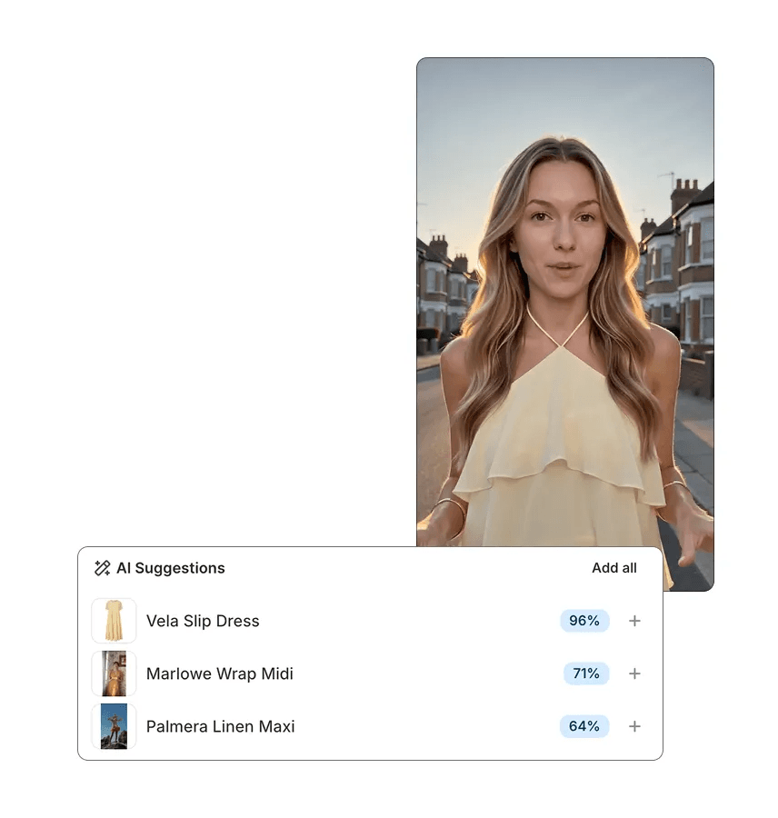 A creator wearing a yellow slip dress on video, beside Storista's AI Suggestions panel ranking Vela Slip Dress at 96%, Marlowe Wrap Midi at 71% and Palmera Linen Maxi at 64%